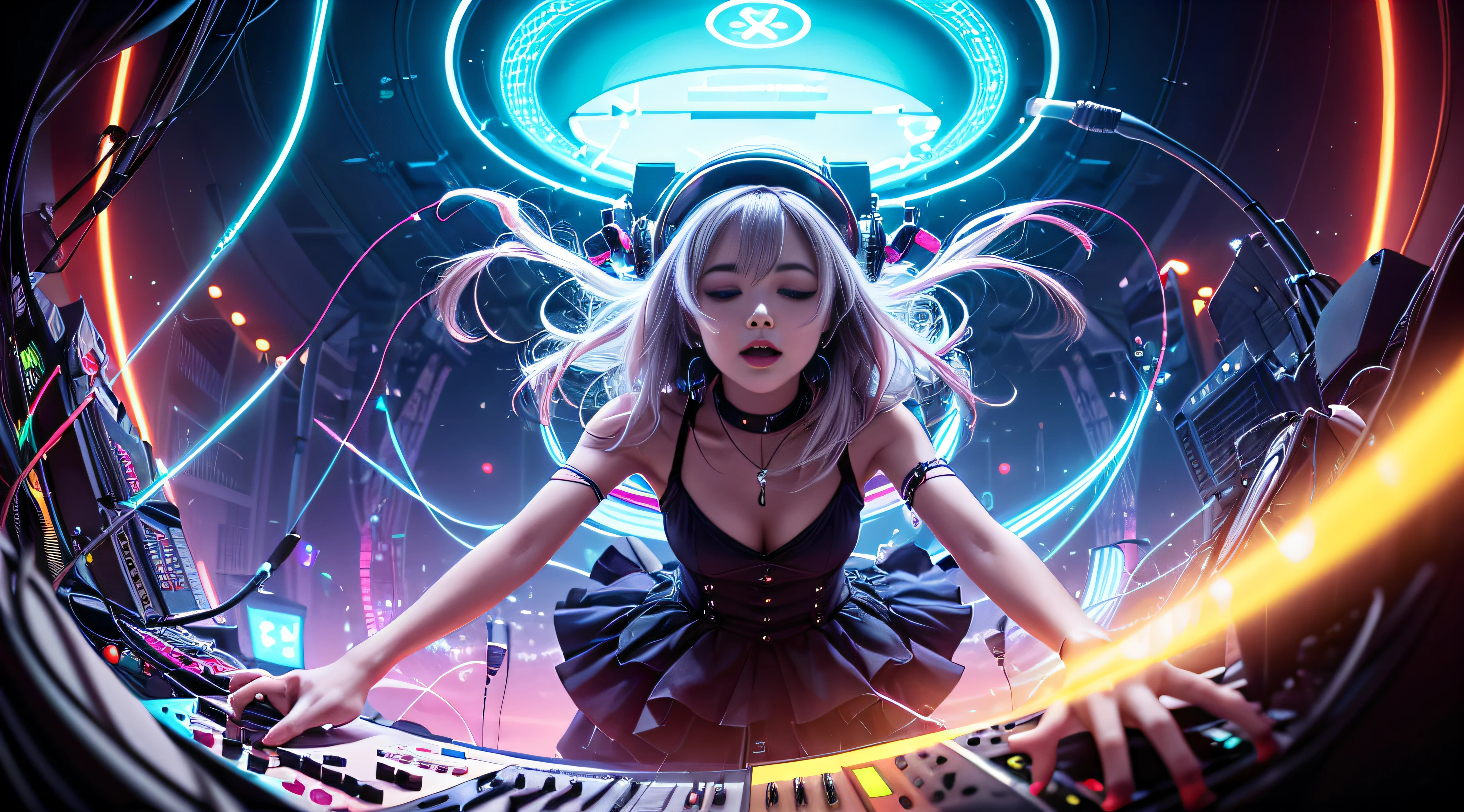 (masterpiece:1.3),(Best Quality:1.2),8k,Disorganized,Unity 8k wallpaper, (Very detailed:1.3), Highest Resolution, Realist, Blurred Background, Blurry close-up, (1 Girl:1.2),she is wearing a tight dress, like々Enhances new body curves, Make it look sexy, (Headphones:1.1),(Neon Light:1.1),Mechanical Headwear, (Mechanical Wings:1.1),Frowning,(dynamic pose:1.1),(Floating hair:1.2),(Turntable:1.2),(Psychoderic:1.2),dynamic pose,(electric wire:1.1), (light:1.2),Please open your eyes, Diaphragm, smile,(music:1.2), cable, Godrays,(internal:1.2),From one side,(musical instrument:0.7),Desperate, Passionate, Lively, intense, Numb, Stimulate,dynamic ,exciting ,Explosives, Wake up, (crowd:1.2),light, Neon Light, Fan, (electricity:1.2), (Electronic music:1.1),(Sound Mixing:1.3),