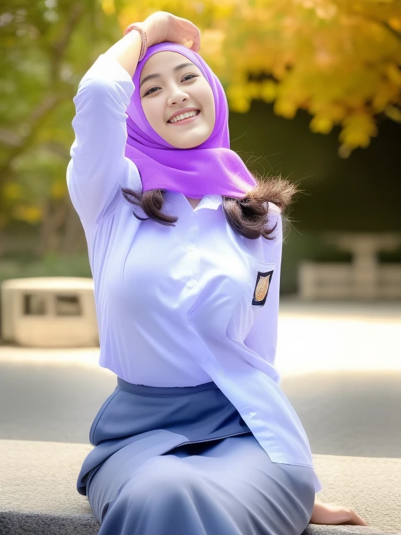 Two hijab girl, Japan face and Korean face, Embrace, (uniform unbuttoned loose open, no bra, showing the nipples), (wearing a long grey hijab), long Sleeve, open loose long skirt, full body photo shoot, full background photo shoot, outdoors, sit down, sit down at chair branch, seducting look, lustfull smile, detailed face, detailed eyes, huge breasts, shiny skin, looking at the audience, (laughing cute: 1.2), (happy), (8k, RAW photo, best quality, masterpiece: 1.2), (realistic, realistic: 1.37), ultra-high resolution