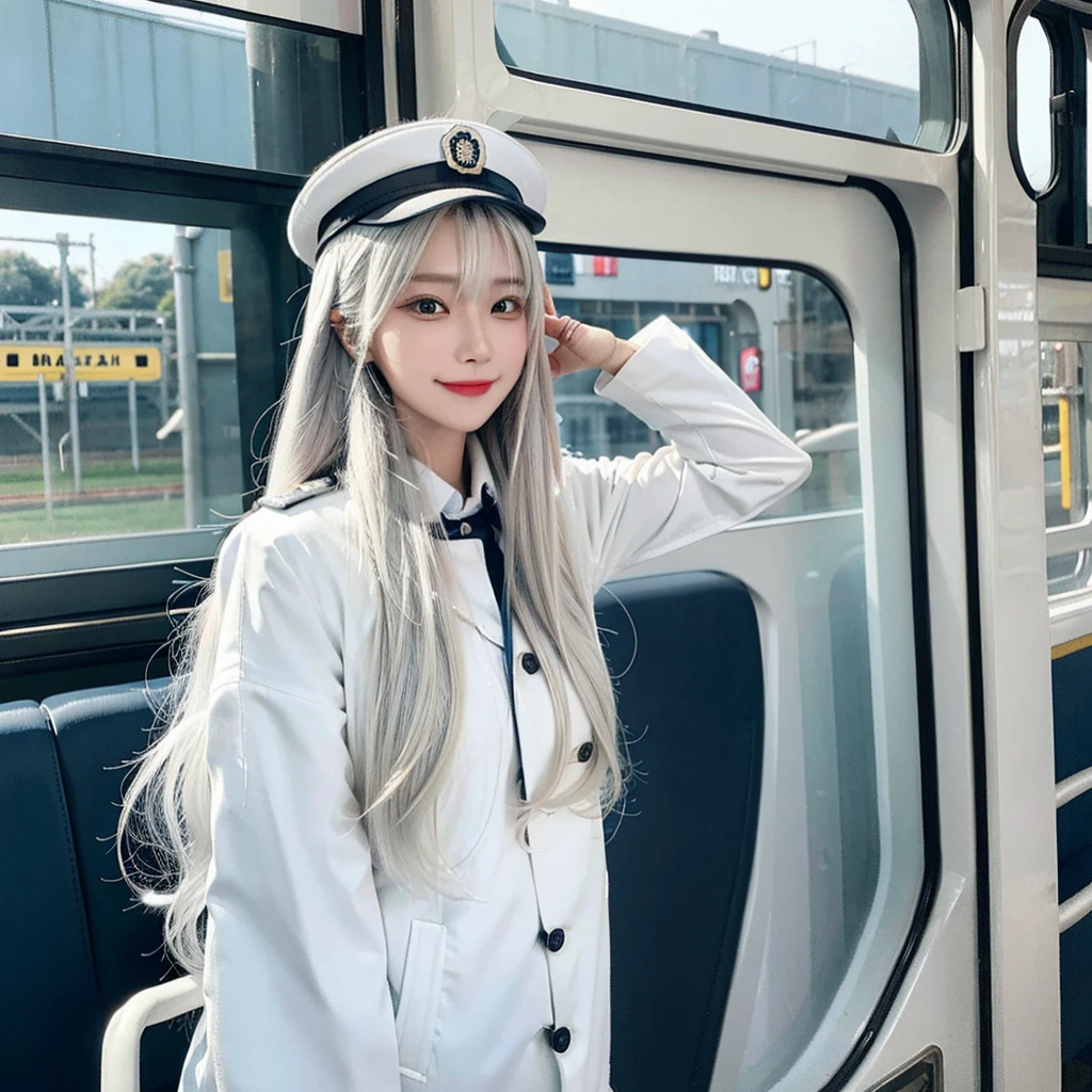 1woman, long hair, white hair colour, smile, train conductor uniform suit, Japanese train pilot, pilot hat in head, circle glass in eyes, smart glass eyes,