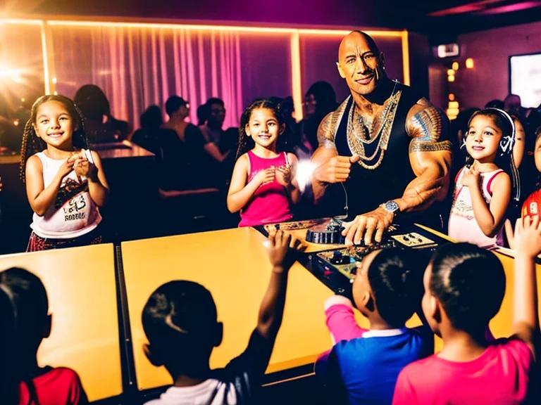 Dwayne Johnson, DJ-ing, with headphones at dance club, a crowd of 5 year olds dancing