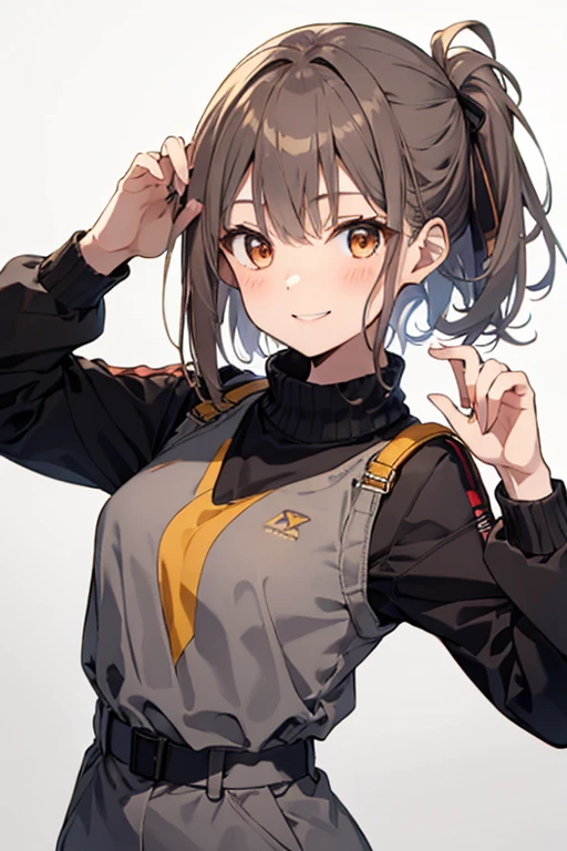 【highest quality, Tabletop】 [girl, Expressionless,dark orange eyes, Positive,Dark brown hair,Long ponytail,yellow knit fabric, Happy, Upper Body] (Gray white background:1.2),Very happy smile,,