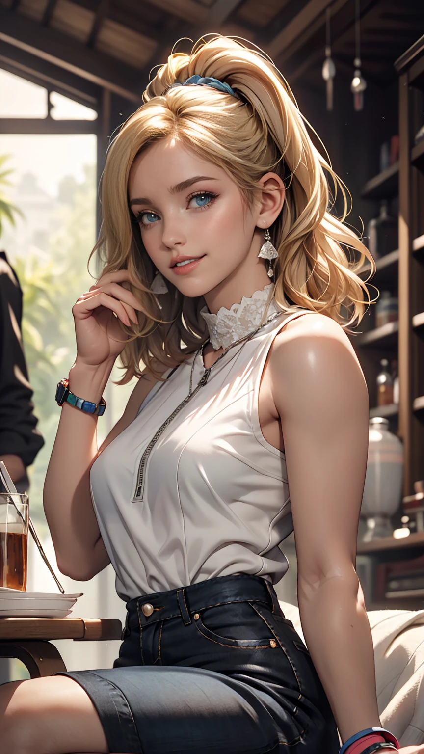 (8K, RAW Photos, highest quality, masterpiece:1.2), (Realistic, photo-Realistic:1.37)、fashion model body shape、Having her hair done、My chest is popping out、Wear accessories on your wrist、Wearing accessories on the ankle、smile、White woman、Platinum Blonde、blue eyes、Two Side Up((hair two side up))、Wear a see-through high-neck zipper-up dress、Wear mules、smile、Tropical