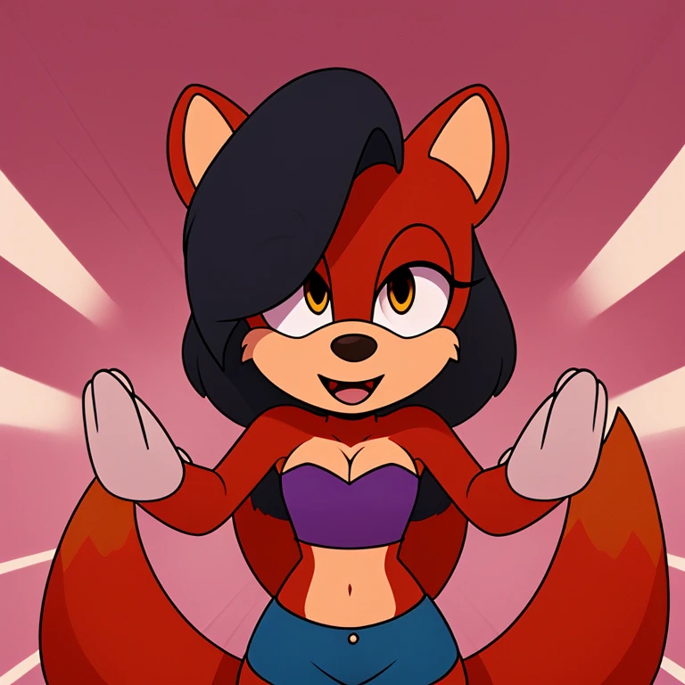 (mobian), solo, 1girl, (mobian marten, (red body fur, black hair):1.2), golden eyes, small breasts, cleavage, short girl, slim waist, chest tuft,
sticker, icon, open mouth, wide eyes, excited, playful, face focus, pov, arms out, hugging, shorts, strapless crop top,