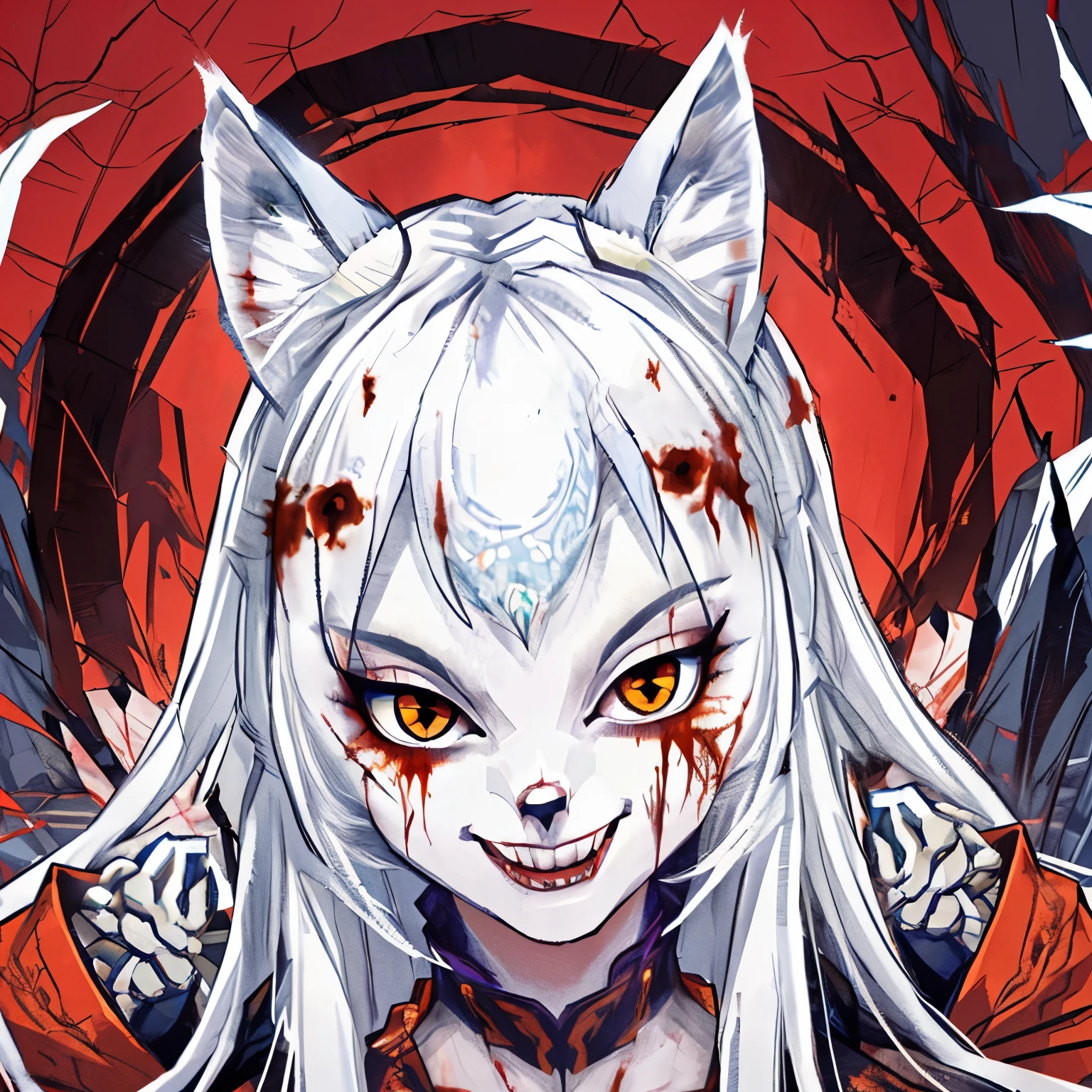 Nine tailed fox demon, 9 fox tails, sexy, seductive, terrifying, bloody, ferocious smile, evil smile, female ghost, fox face, orc face, eerie, terrifying, fox face, fox facial features