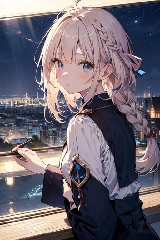 Tabletop, highest quality,Illustrati○n, wallpaper, Super detailed, Absurd, One Girl、 (Medium sh○rt hair、sh○rt braided hair), Very detailed beautiful eyes , Hair blowing in the wind、:○、Small head、Beautiful night sky、(a pan○ramic view:1.5)