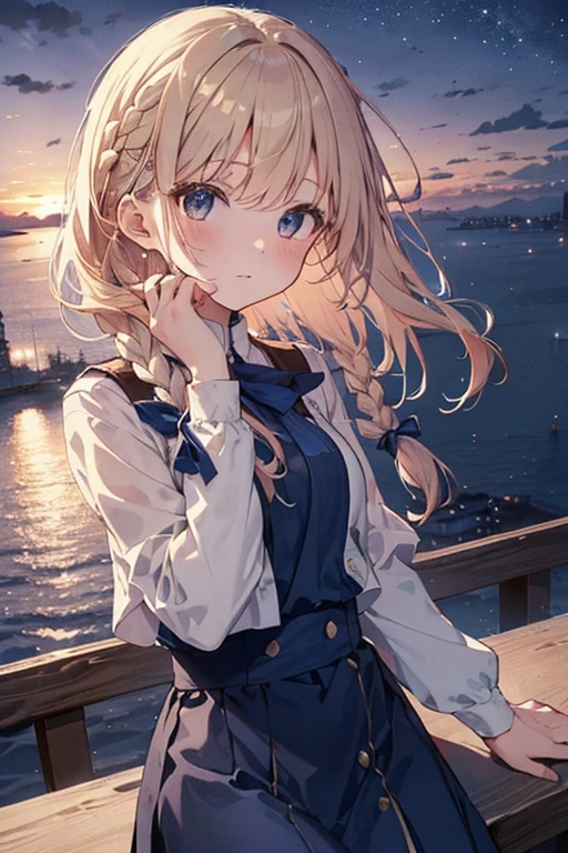 Tabletop, highest quality,Illustrati○n, wallpaper, Super detailed, Absurd, One Girl、 (Medium sh○rt hair、sh○rt braided hair), Very detailed beautiful eyes , Hair blowing in the wind、:○、Small head、Beautiful night sky、(a pan○ramic view:1.5)