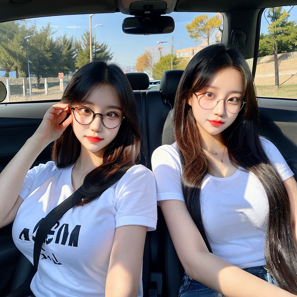 Media type girl 19-year-old wearing media type clothes with glasses in car driving with her young sister