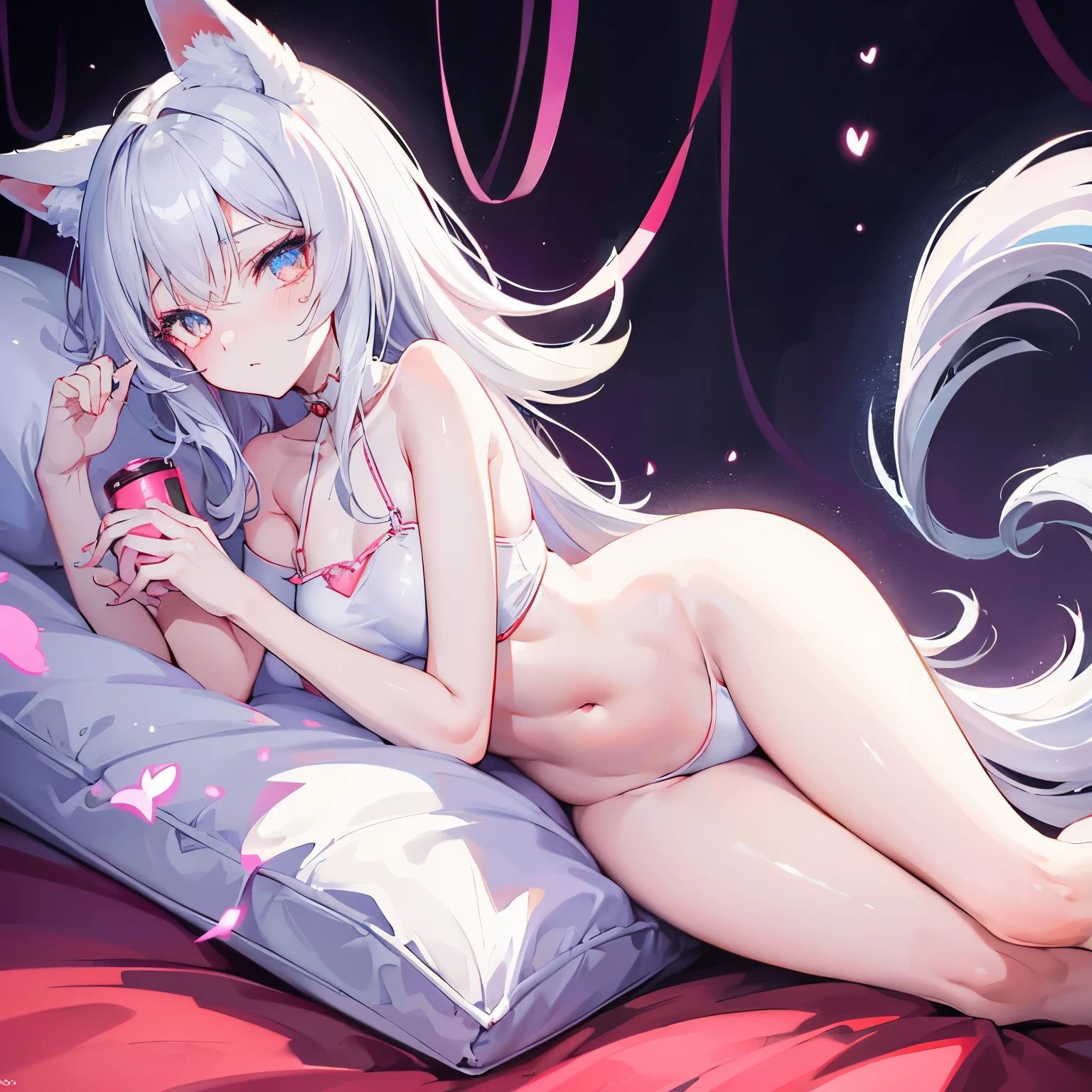 fox girl, kitsune, soft body, skinny, cute eyes, cute face, lie on the bed, stokings, awesome legs, medium chest, cinematic light, dark room, torches, kingdom room, neon lights, neon hearts, lovely eyes, a little lewd pose, look at you, white long hairs, nine fluffy tails, cute clothes, cute legs, 4k, white clothes, soft 