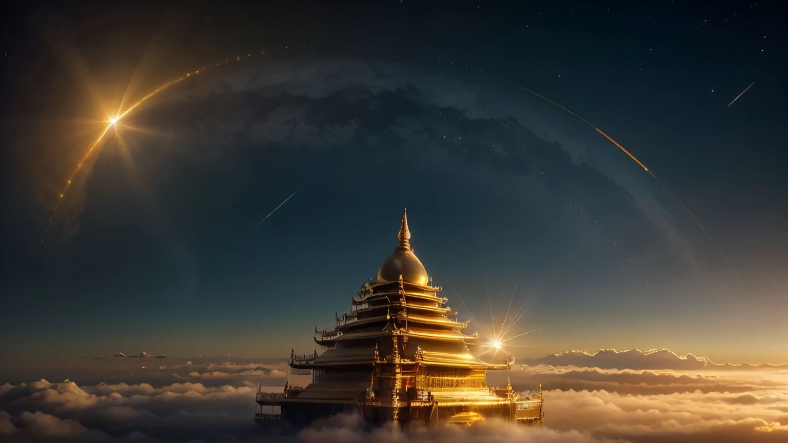 The image depicts a majestic golden pagoda, floating in a sea of clouds under the heavenly sky. The temple is decorated with intricate minarets and radiates an ethereal light, as if it were a beacon of divinity. Around the temple, soft clouds billow, adding to the feeling of a paradise. Above, rings of light radiate outward, creating a hypnotic pattern that echoes the cosmic dance of the stars and planets dotting the sky. A strange, powerful beam of light shines from the top of the temple, penetrating the sky and evoking a connection with the divine. Use 3 basic colors: gold, blue, white