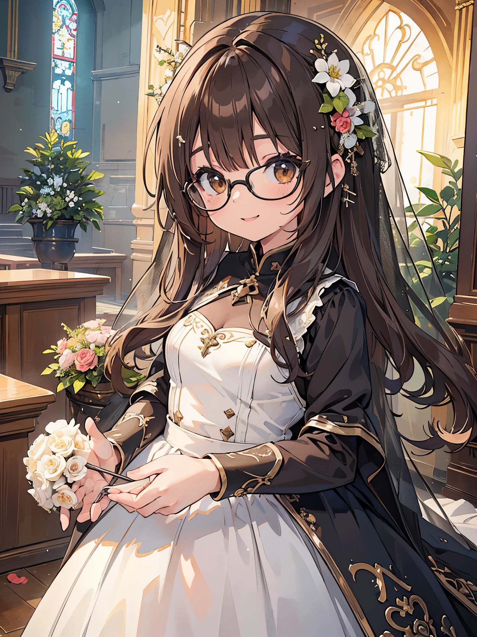1 Female、Brown hair、Brown Eyes、Best Quality、Super detailed、8 Resolution、Raw photo、Mastepiece、Perfect Body、high resolution、highest quality、Detailed drawing、Vibrant colors、lure、smile、Long Hair、Black-rimmed glasses、Captivating breasts、Wedding dress、Chapel、Flower Shower