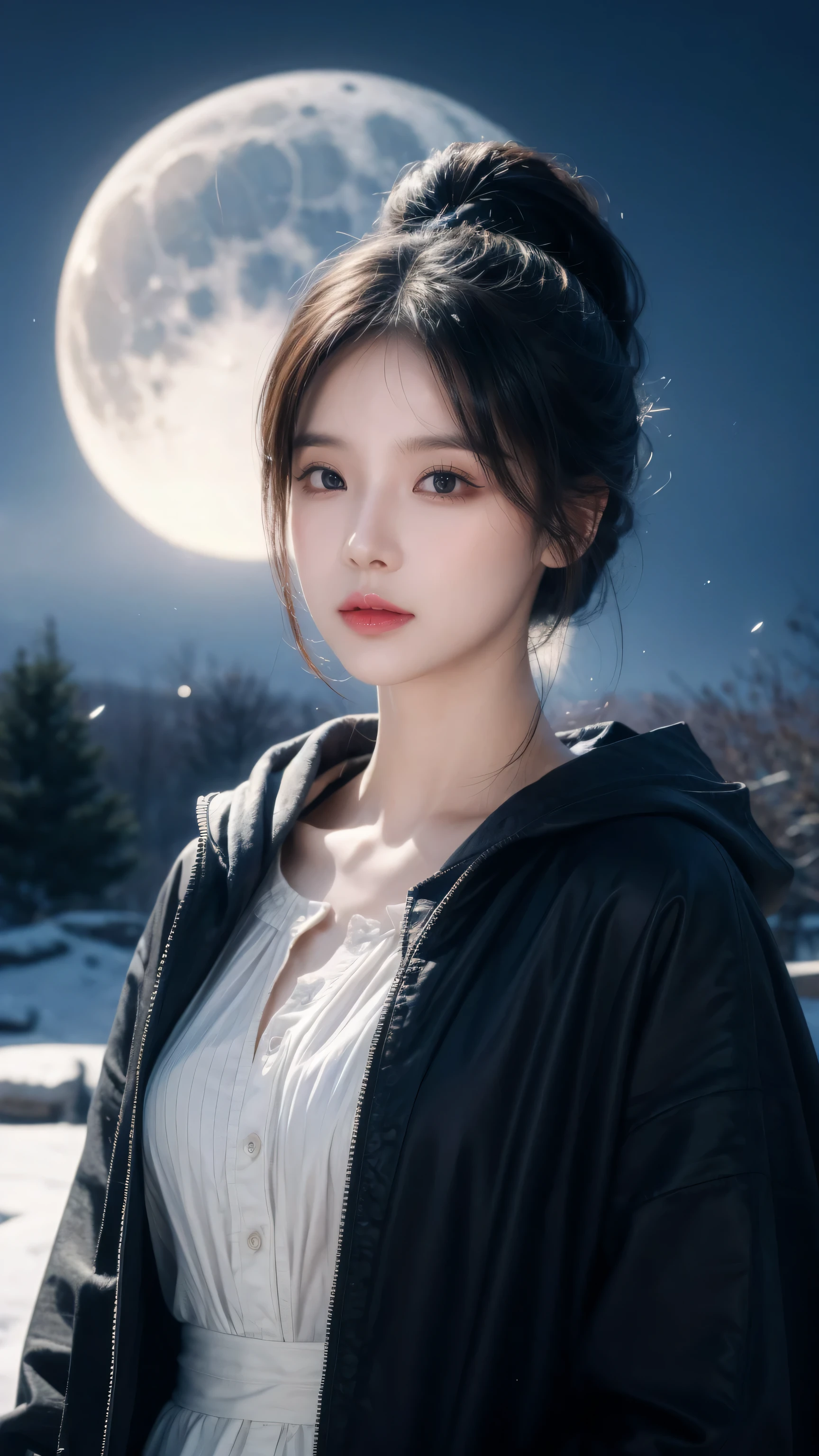 masterpiece, (best quality: 1.2), (very good: 1.2), illustration, (Extremely refined: 1.2), Film Angle, floating, (beautiful details eyes: 1.1), (Detail Light: 1.1), Movie Light, Exquisite sky, Miss, white hair, blue eyes, (High Ponytail: 1.1), Cloak, Glowing eyes, (moon: 1.2), (moonlight: 1.1), Starry Sky, (Light Particles: 1.1), FOG , Snow Painting, sketch, Bloom