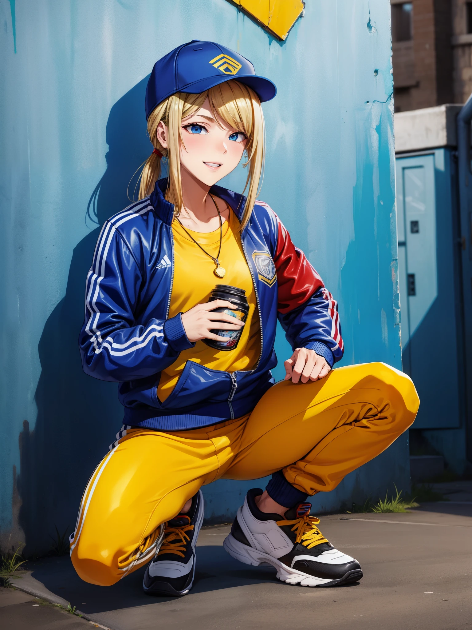 score_9, score_8_up, score_7_up, score_6_up, BREAK alley,slav squatting,track suit,sneaker,baseball cap,smile,v,jewelry,gold necklace,urban style,graffiti,spray paint,samus aran