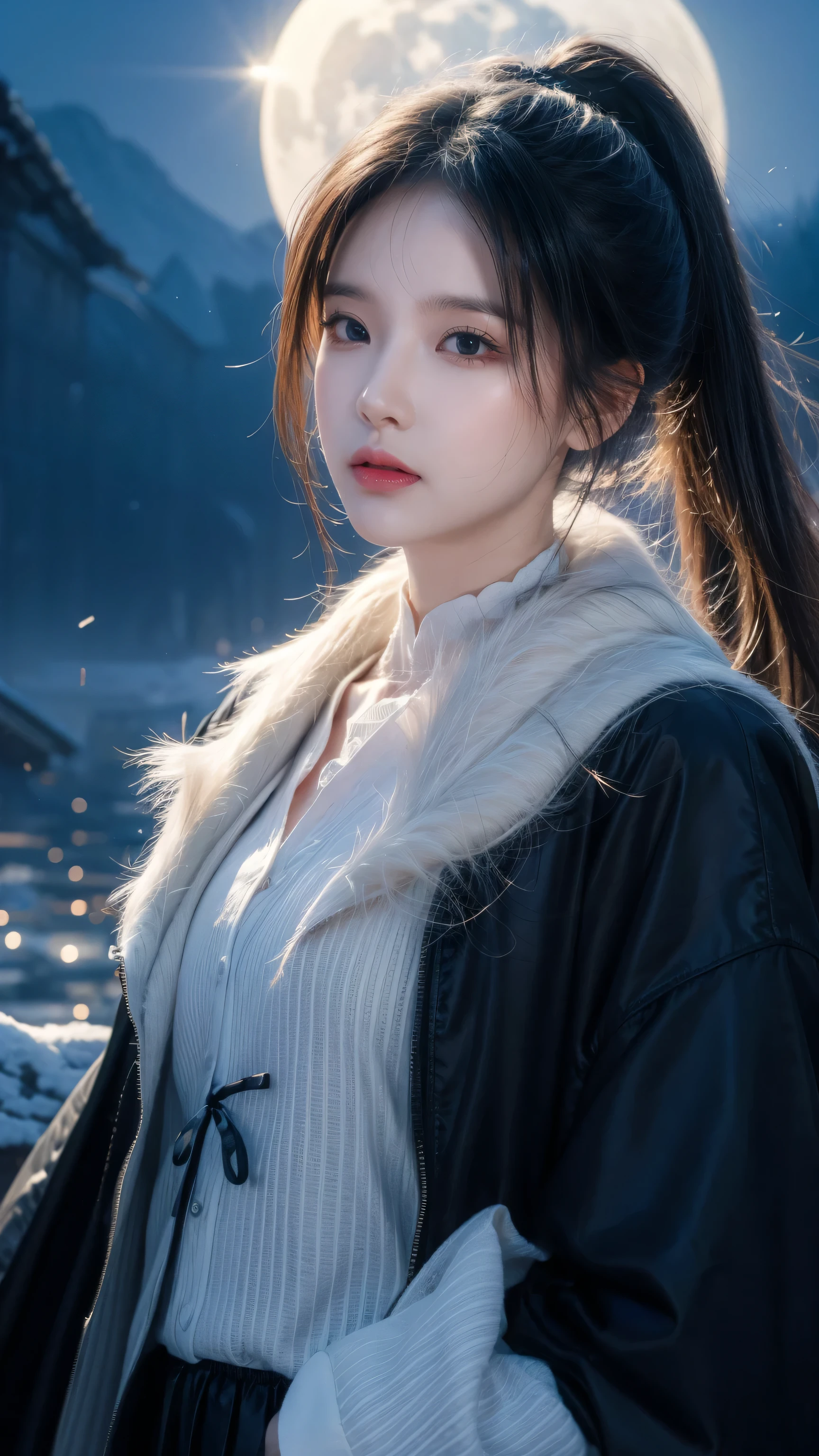 masterpiece, (best quality: 1.2), (very good: 1.2), illustration, (Extremely refined: 1.2), Film Angle, floating, (beautiful details eyes: 1.1), (Detail Light: 1.1), Movie Light, Exquisite sky, Miss, white hair, blue eyes, (High Ponytail: 1.1), Cloak, Glowing eyes, (moon: 1.2), (moonlight: 1.1), Starry Sky, (Light Particles: 1.1), FOG , Snow Painting, sketch, Bloom