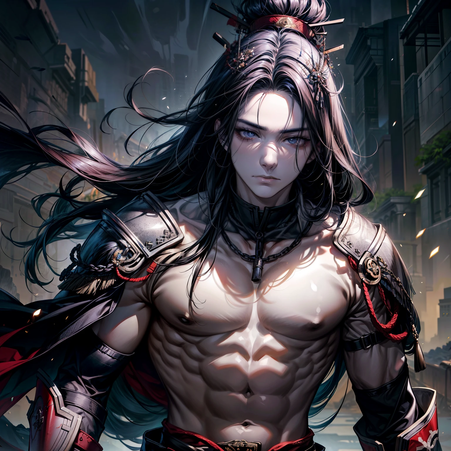 best quality,Masterpiece,Young man with a sharp face,21 years old,Slimming body,Long hair is brown-black.,There are wounds on the face.,Shaman Tribe,Wear a samurai style warlord warrior in black and red tones.,Handsome and beautiful face,Has a fierce and cunning look in his eyes.,crazy energy,Powerful, with resolute eyes,Has beautiful white skin like a woman&#39;s and has the same anger power as a Fuomyodo.,Top quality pull-ups for the upper body.