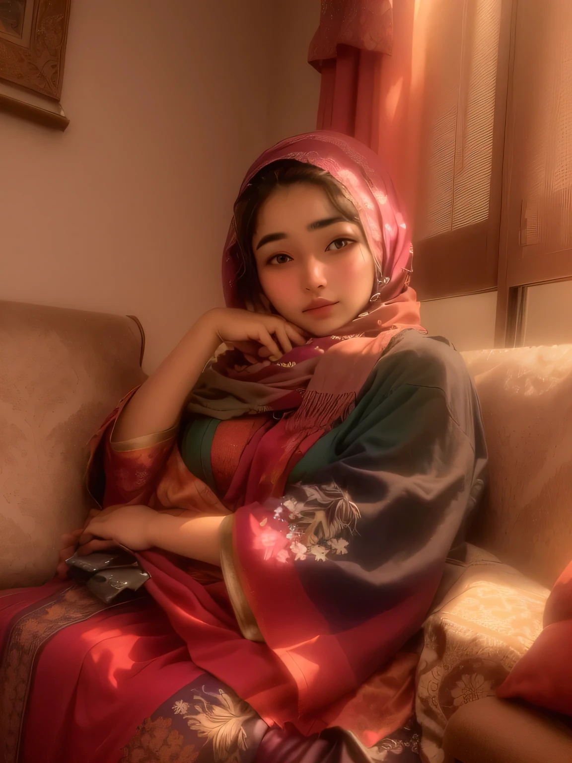 there is a woman sitting on a couch with a scarf on, very very low quality picture, around 1 , inspired by Riza Abbasi, old picture, inspired by Ambreen Butt, very very beautiful woman, 3 0 years old woman, 30 years old woman, very beautiful girl, cute photo, 2 2 years oldity upload