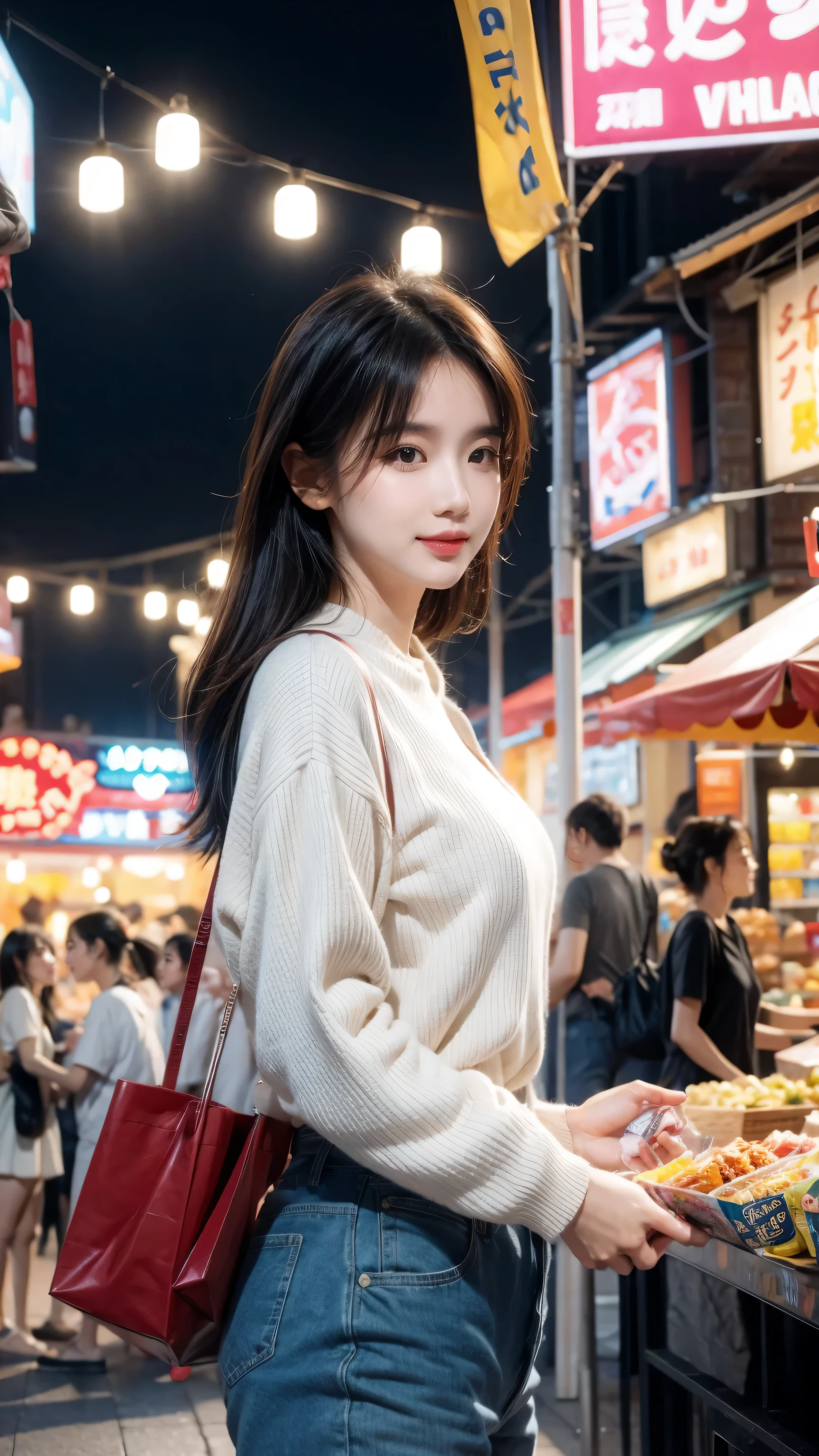 Bustling night market. The woman was wearing casual clothing, Bring snacks, Her face was full of joy and satisfaction..