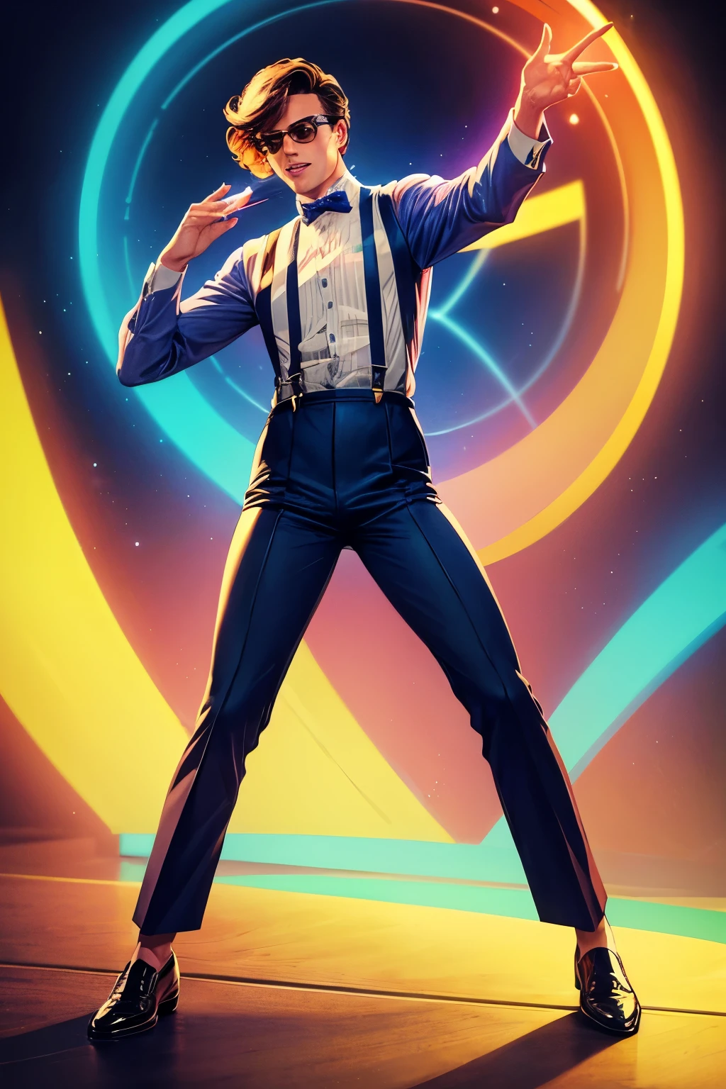 A handsome man in a retro suit from the 1980s with suspenders and bell-bottoms wearing British-style bright leather shoes is dancing disco happily alone with a neon shining light ball on his head and a light source on the front with a little backlight.