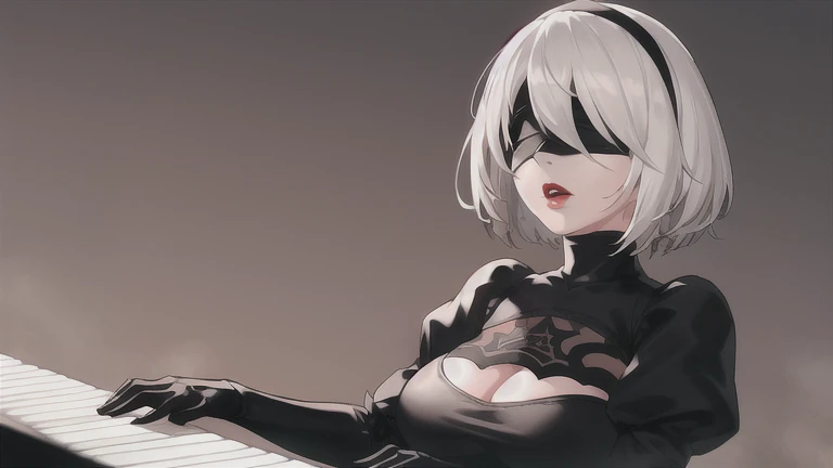 yorha no. 2 type b, 1girl, wlop, (blindfold), breasts, cleavage, cleavage cutout, clothing cutout, concert background, hair between eyes, hairband, highres, juliet sleeves, long sleeves, nier (series), nier automata,  puffy sleeves, red lips, shaded face, short hair, solo, turtleneck, white hair, sky, playing piano, piano, singing, microphone