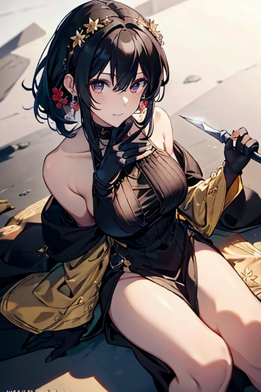 yor briar, anime style beutiful woman, 1girl, happy, sexy pause,(with sparkling eyes and a contagious smile:0.9),red face, closed mouth, beautiful detailed eyes, super detailed skin, backlighting, bare shoulders, black background, black dress, black gloves, black hair, breasts, dress, earrings, fingerless gloves, floating hair, floral print, flower, gloves, gold earrings, gold hairband, hair flower, hair ornament, hairband, holding, holding weapon, jewelry, large breasts, long hair, looking at viewer, off-shoulder dress, off shoulder,red eyes, short hair with long locks, sidelocks, solo, spikes, thighs, two-sided dress, two-sided fabric, weapon, fighting stance , face, close up, from above, highest quality, looking at viewer,high resolution.