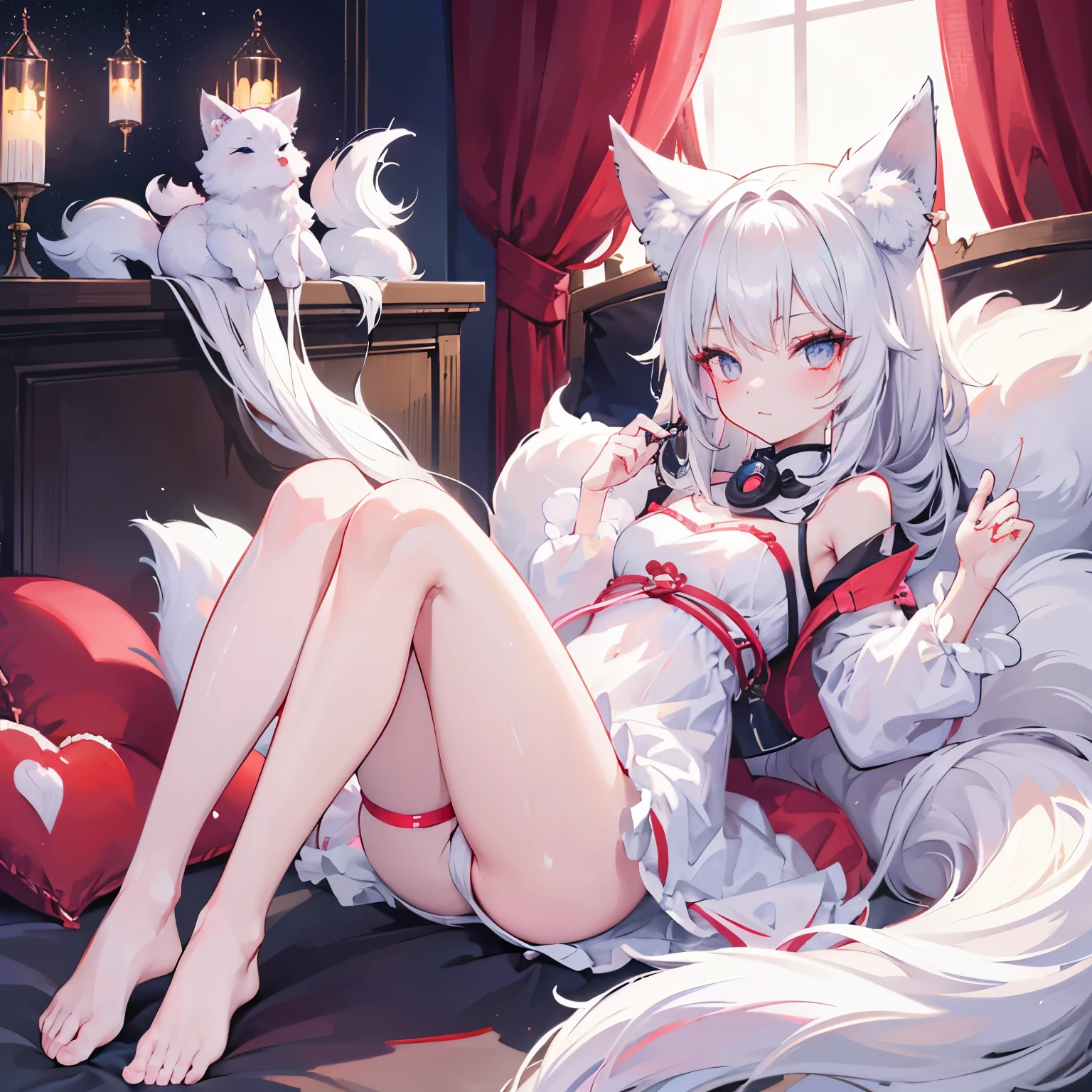 fox girl, kitsune, soft body, skinny, cute eyes, cute face, lie on the bed, stokings, awesome legs, medium chest, cinematic light, dark room, torches, kingdom room, neon lights, neon hearts, lovely eyes, look at you, white long hairs, nine fluffy tails, cute clothes, cute legs, 4k, white clothes, soft