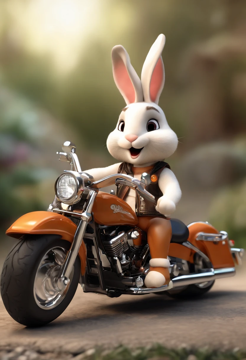 (((Cartoon Character 1.3)))，(((Super cute bunny riding a Harley Davidson motorcycle)))，The bunny is wearing a spotted vest，Wear with denim shorts，Naughty expression，HD Reality，black eyes，Flight chart，High-resolution images，Sony SLR lens，Medium range shooting，soft light，masterpiece