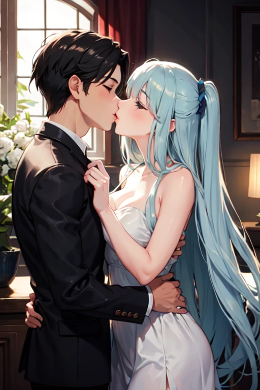A girl with light blue long hair kiss her husband
