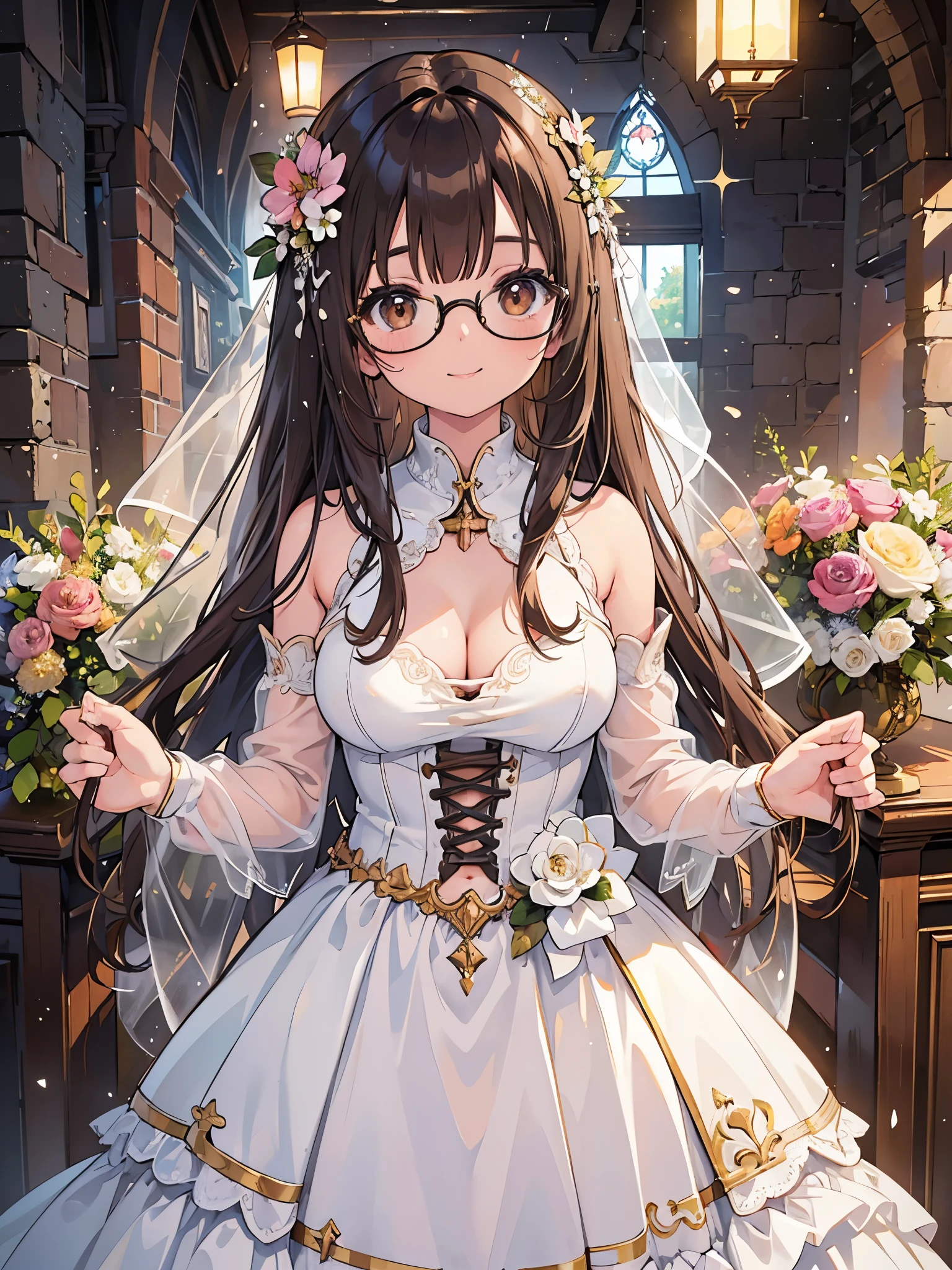 1 Female、Brown hair、Brown Eyes、Best Quality、Super detailed、8 Resolution、Raw photo、Mastepiece、Perfect Body、high resolution、highest quality、Detailed drawing、Vibrant colors、lure、smile、Long Hair、Black-rimmed glasses、Captivating breasts、Wedding dress、Chapel、Flower Shower