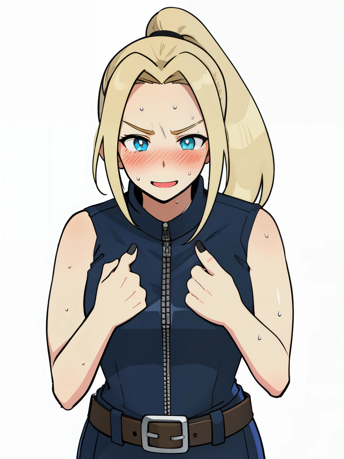 No sleeve、One girl,heart-shaped pupils,nail,put your hand on your face,(blush:1.1),Upper Body,trembling,Sweat,Sweatdrop,heart,(Speed Line:1.1),Medium chest, ((Heavy breathing:1.3)), like, heart, Crop top, Happy, smile、blue-black leather pants, silver zipper,belt below the waist,super fine illustration,blond hair , showing forehead, silver center zipper, leather blue black bodysuit, sleevelesblue blacks, shiny, blonde ponytail