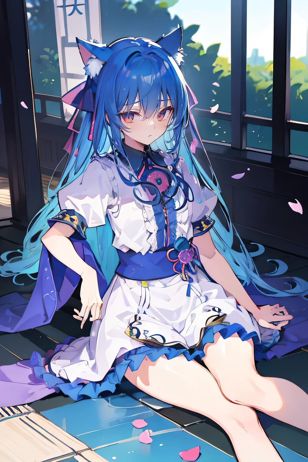 (masterpiece:1.2),ultra-detailed,realistic,expressive eyes,fair-skinned,perfectly shaped face,1girl,
Japanese cartoons,Gorgeous blue hair, flowing blue hair,floating clothes,cat ears,petals falling,beautiful Lola,Hina Angel,
hands on waist,gracefully sitting on the ground,legs crossed,gentle and serene background,cool and comfortable pavilion.