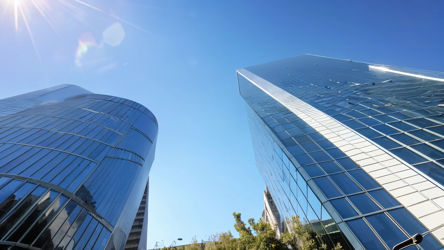 One tall, elongated office building, Viewed from a diagonal below, Clear sky, Glass exterior, Urban landscape, Modern architecture, Sunlight reflecting off the glass, Perspective looking up, Steel beams visible,