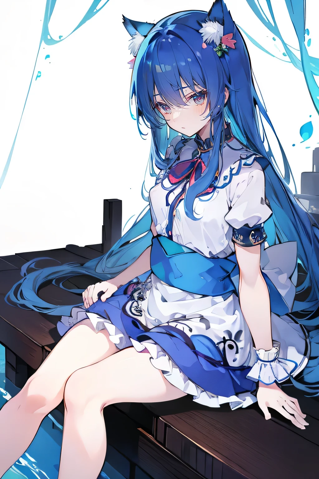 (masterpiece:1.2),ultra-detailed,realistic,expressive eyes,fair-skinned,perfectly shaped face,1girl,
Japanese cartoons,Gorgeous blue hair, flowing blue hair,floating clothes,cat ears,petals falling,beautiful Lola,Hina Angel,
hands on waist,gracefully sitting on the ground,legs crossed,gentle and serene background,cool and comfortable pavilion.