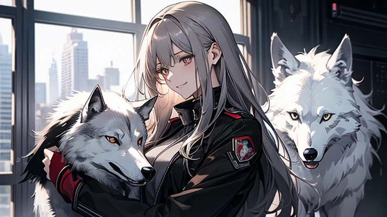 (Confused, High resolution, Very detailed), 1 female, Silver Hair,Long Hair,Reddish brown eyes,black pilot jacket,Black and white suit,20th Generation,Beautiful woman,A shy smile,thin,Are thin,quiet,Calm,Carrying the Wolf,With the wolf,