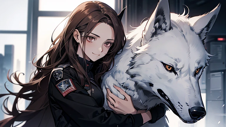(Confused, High resolution, Very detailed), 1 female, Silver Hair,Long Hair,Reddish brown eyes,black pilot jacket,Black and white suit,20th Generation,Beautiful woman,A shy smile,thin,Are thin,quiet,Calm,Carrying the Wolf,With the wolf,