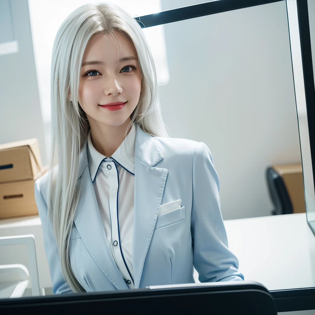 1woman, long hair, white hair, smile, office court suit, office stuff, blue suit court suit, circle smart glass eyes, in eyes smart glass.