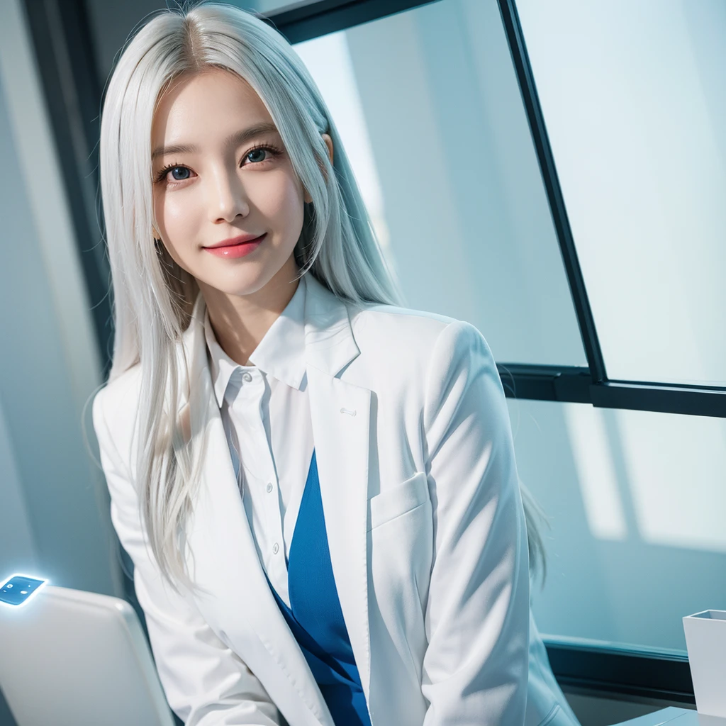 1woman, long hair, white hair, smile, office court suit, office stuff, blue suit court suit, circle smart glass eyes, in eyes smart glass.