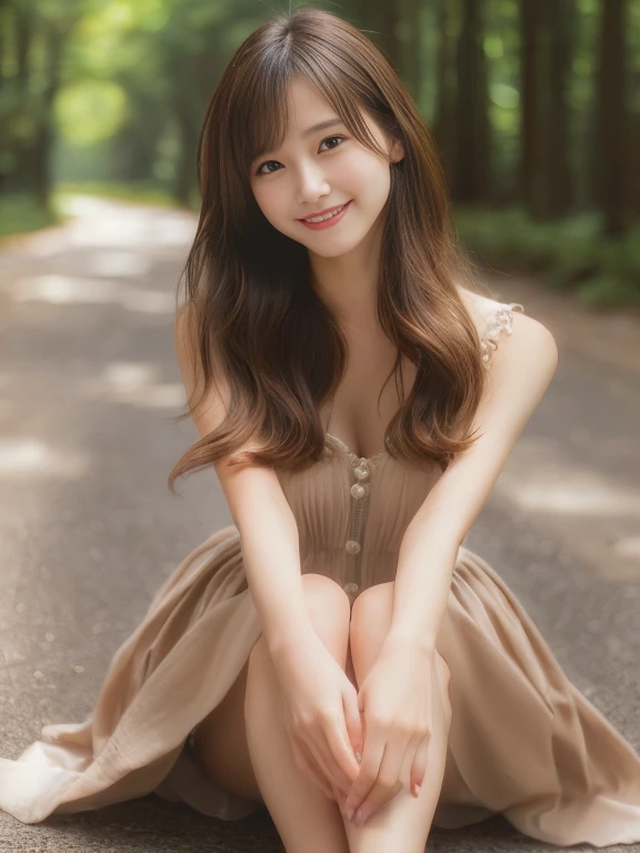 Realistic photo quality、masterpiece、High resolution、Women's Auto Rate、Woman sitting on the ground with legs crossed, Lightweight earth-toned mini dress、Cleavage、beautiful20Old Japanese woman, Cute smile, Girl cute beautiful face, Looking at the camera、Cute young woman, Beautiful girl model, An innocent smile, Gentle expression、Soft look、Cute seductive smile, beautiful日本人モデル,Idol、 Lovely lady, Smiling Kindly, Beautiful Smile, とてもbeautiful女の子、forest path、Small hands, beautiful hands:4.0、looking at the camera:2.5