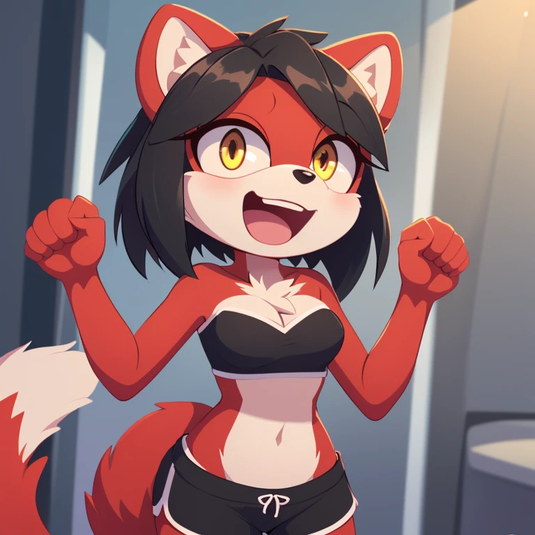 (mobian), solo, 1girl, (mobian marten, (red body fur, black hair):1.2), golden eyes, small breasts, cleavage, short girl, slim waist, chest tuft,
sticker, icon, open mouth, wide eyes, excited, playful, face focus, pov, arms out, hugging, shorts, strapless crop top,