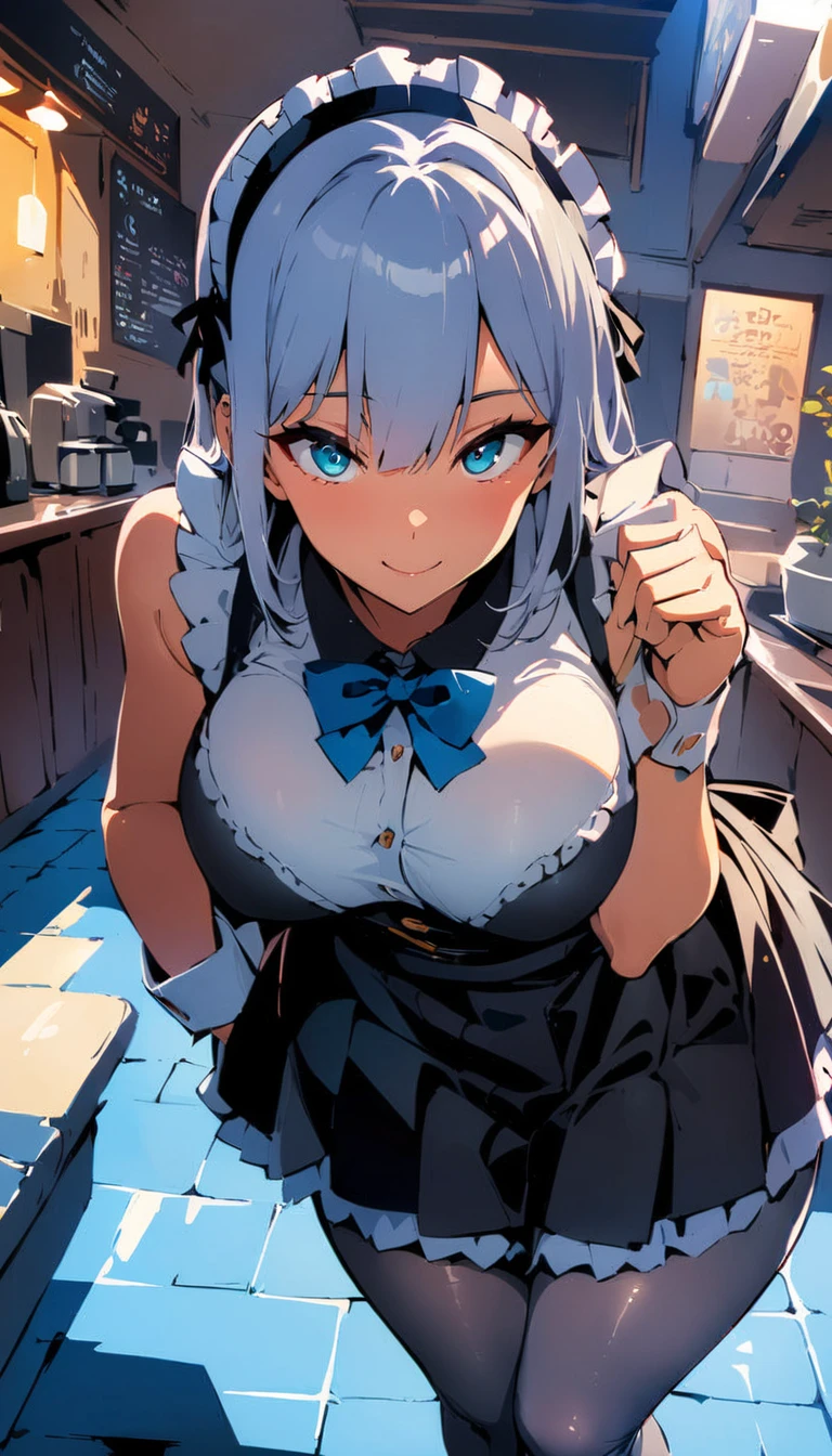 (high quality, 8k, 4K, High Contrast, masterpiece:1.2, 最high quality, Best aesthetics), , Maid, Very detailed, Seductive and erotic girl with lace headdress, smile, (Normal milk, Silver fur), Focus on the face, Focus on the face, Complex eyes, tights, laced tights, coffee shop, Ground angle shot, Viewers looking up, feet in tights, Open-chested clothing