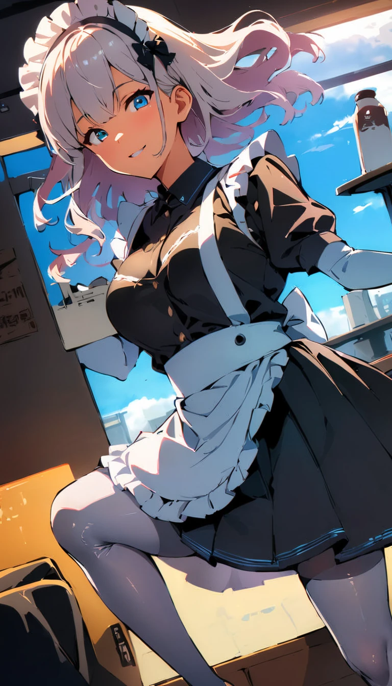 (high quality, 8k, 4K, High Contrast, masterpiece:1.2, 最high quality, Best aesthetics), , Maid, Very detailed, Seductive and erotic girl with lace headdress, smile, (Normal milk, Silver fur), Focus on the face, Focus on the face, Complex eyes, tights, laced tights, coffee shop, Ground angle shot, Viewers looking up, feet in tights, Open-chested clothing