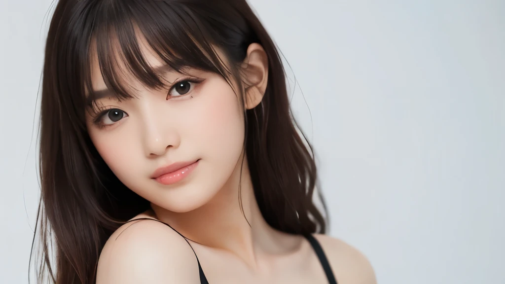 (masterpiece:1.2,highest quality),((White background)),1 young woman,((suit)),(Big Breasts),((Look to the side)),Black wavy hair,((Fine and beautiful eyes)),blushed,Healthy Skin,(smile),8k resolution