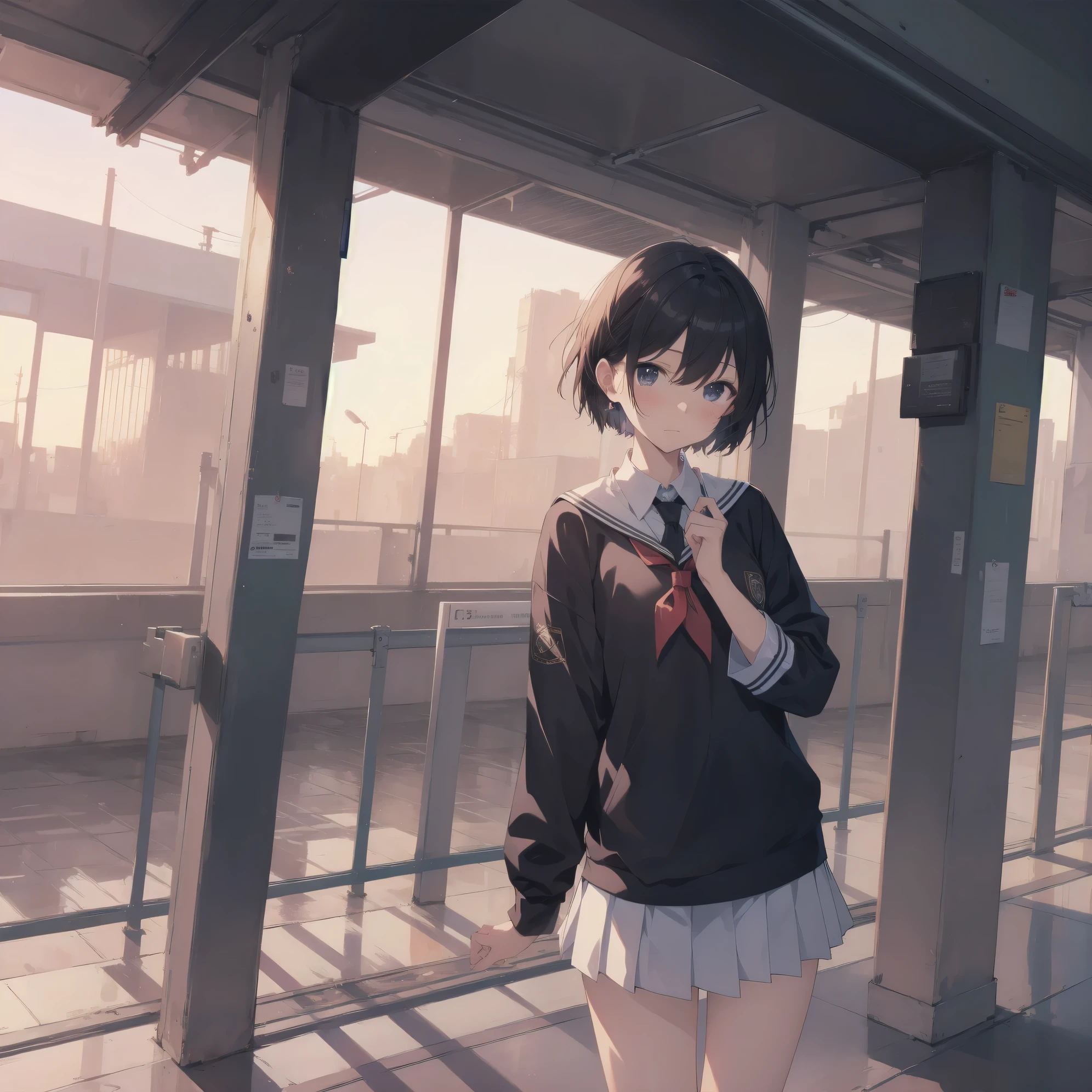 ultra-absurdres-Top quality by artist God, ultra-detailed, high resolution, anime moe artstyle, best anime 8k konachan wallpaper, pixiv contest winner,pool:2810, perfect anatomy,break, 1girl, (Please draw a girl walking sleepily to school alone. )break,(Solo,little female, -yeld:1.Full limbs, complete fingers,a junior hishort hair), short cut, flat chest, , small butt, small black eyes, beautiful detailed eyes, well-proportioned iris and pupils, expressive eyes, highres detailed hair, soft expression, school_uniform, official_alternate_costume, neckerchief, collared shirt.  pleated skirt,(Detailed Lighting), (Detailed background), in the School commute route. break,super detailed skin, Best cinematic lighting powered by famous artist, 8k,beauty illustration,photoshop_(medium),very aesthetic,break,((artist:futa_(nabezoko) )), artist:bolze ,artist:oyari_ashito ,artist:kantoku ,