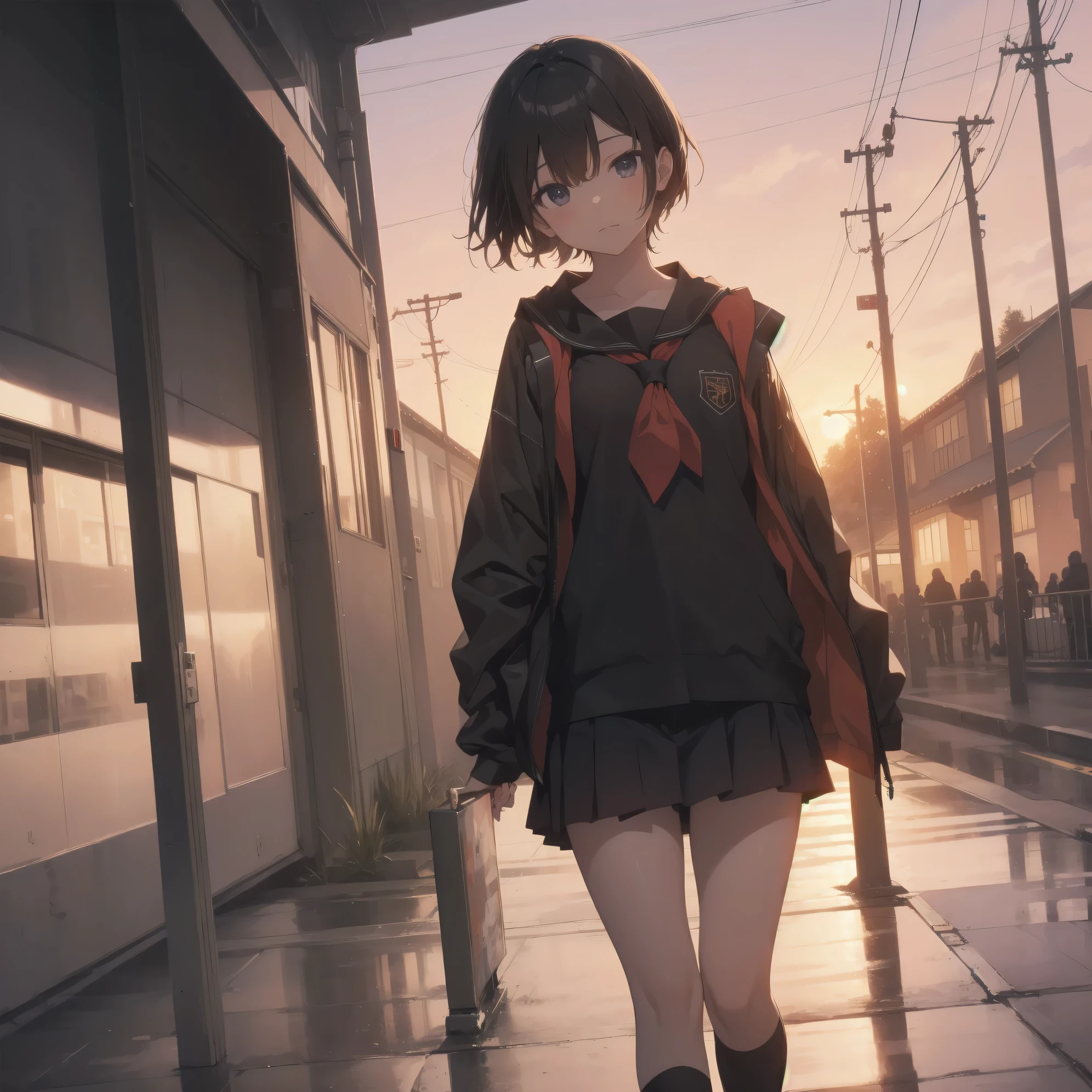 ultra-absurdres-Top quality by artist God, ultra-detailed, high resolution, anime moe artstyle, best anime 8k konachan wallpaper, pixiv contest winner,pool:2810, perfect anatomy,break, 1girl, (Please draw a girl walking sleepily to school alone. )break,(Solo,little female, 13-year-old:1.3),Full limbs, complete fingers,a junior high school student, (very short hair), short cut, flat chest, , small butt, small black eyes, beautiful detailed eyes, well-proportioned iris and pupils, expressive eyes, highres detailed hair, soft expression, school_uniform, official_alternate_costume, neckerchief, collared shirt. pleated skirt,(Detailed Lighting), (Detailed background), in the School commute route. break,super detailed skin, Best cinematic lighting powered by famous artist, 8k,beauty illustration,photoshop_(medium),very aesthetic,break,((artist:futa_(nabezoko) )), artist:bolze ,artist:oyari_ashito ,artist:kantoku ,