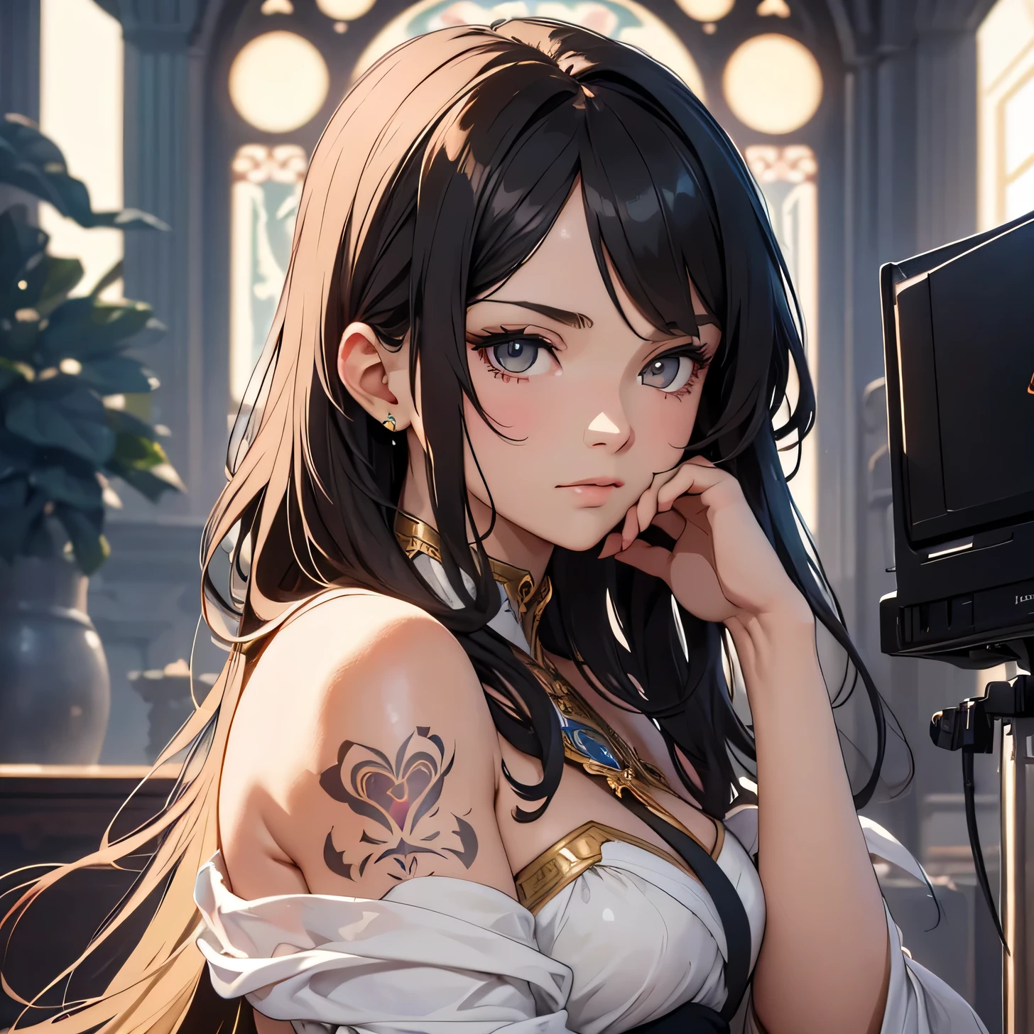 Style sticker, sticker with white edges, beautiful shiny sticker, beautiful, Tattoo vibes: I carry my passion stamped on my skin. Imagine a scene of a beautiful young woman, 18 years old, black hair with heavy highlights, bright color, isometric background, blurred background of a tattoo studio, trending art station, 8k, resolution qlta masterpiece, realistic photography, by Alphonse Mucha, by Wlop,