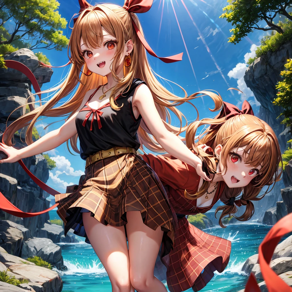 Brown, red, gold, golden hair、Red eyes、One good looking girl、solo、anime、Checkered mini skirt、Black camisole、Black T-shirt、hoodie、Wearing a ribbon、Ribbon on waist、Crystal Earrings、Gemstone Necklace、Light and shadow、Tilting face、Teeth are visible、waterfall、Kuroko、tunnel、pylon、Sunset sky、Towering、frilled lizard、light