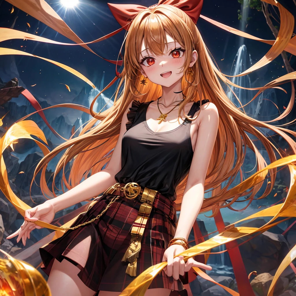 Brown, red, gold, golden hair、Red eyes、One good looking girl、solo、anime、Checkered mini skirt、Black camisole、Black T-shirt、hoodie、Wearing a ribbon、Ribbon on waist、Crystal Earrings、Gemstone Necklace、Light and shadow、Tilting face、Teeth are visible、waterfall、Kuroko、tunnel、pylon、Sunset sky、Towering、frilled lizard、light