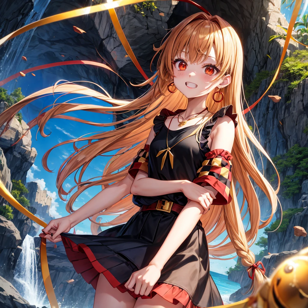 Brown, red, gold, golden hair、Red eyes、One good looking girl、solo、anime、Checkered mini skirt、Black camisole、Black T-shirt、hoodie、Wearing a ribbon、Ribbon on waist、Crystal Earrings、Gemstone Necklace、Light and shadow、Tilting face、Teeth are visible、waterfall、Kuroko、tunnel、pylon、Sunset sky、Towering、frilled lizard、light