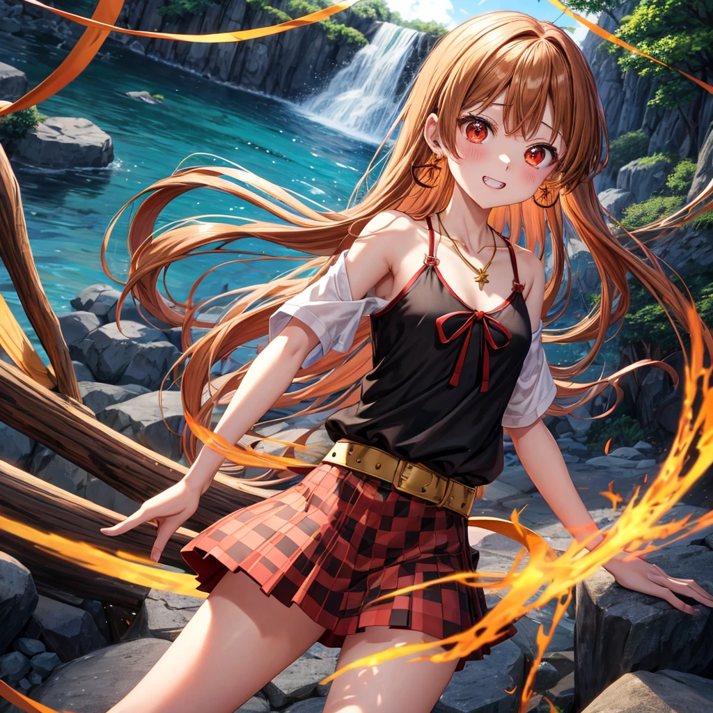 Brown, red, gold, golden hair、Red eyes、One good looking girl、solo、anime、Checkered mini skirt、Black camisole、Black T-shirt、hoodie、Wearing a ribbon、Ribbon on waist、Crystal Earrings、Gemstone Necklace、Light and shadow、Tilting face、Teeth are visible、waterfall、Kuroko、tunnel、pylon、Sunset sky、Towering、frilled lizard、light
