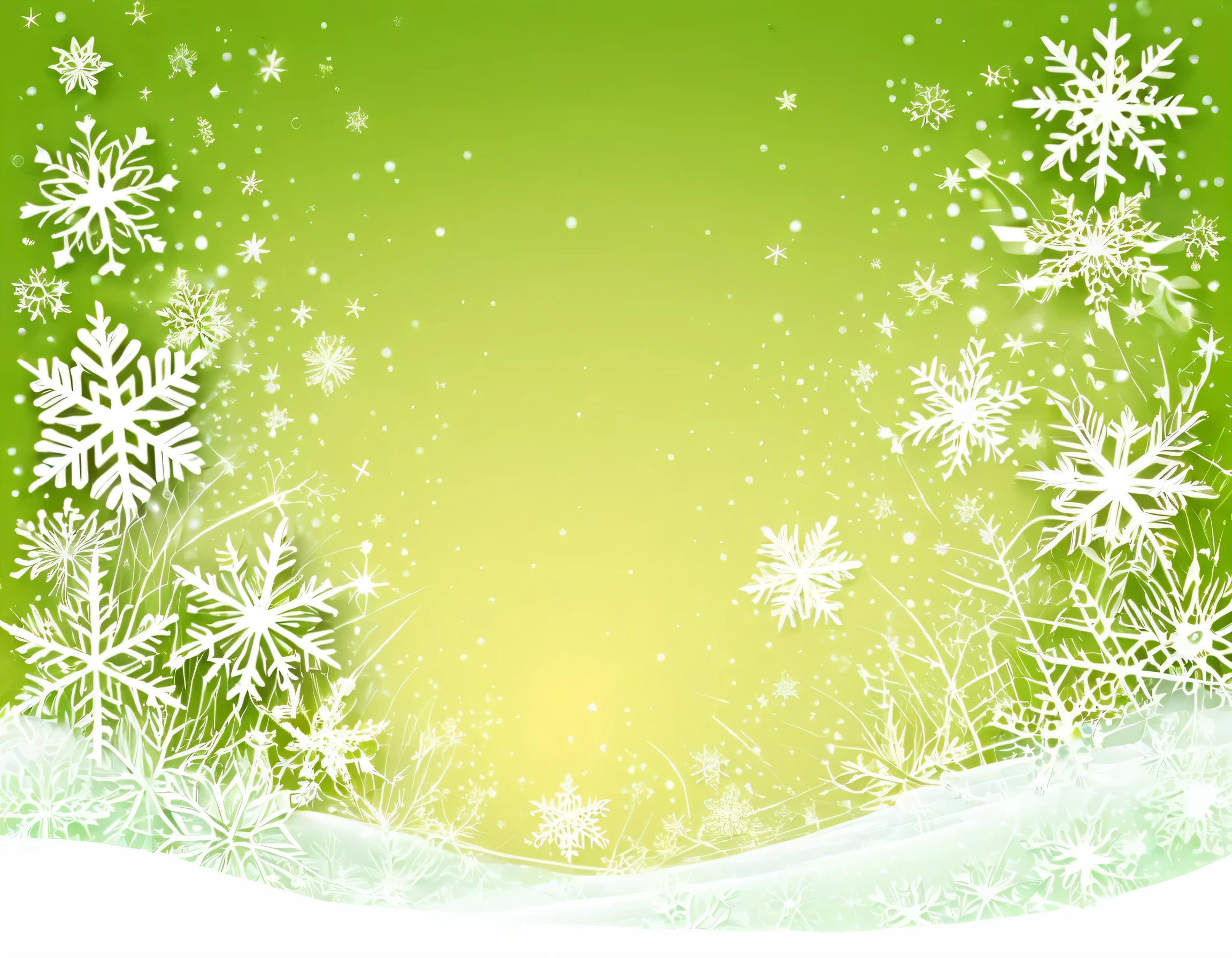 Create a beautiful winter scene with a lot of small around line page cristal sparkling snowflakes on light GREEN YELLOW background