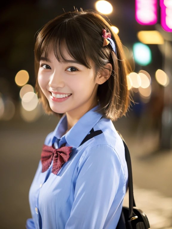 Woman Are standing On The Side Of The Street、Young Asian Woman、Beautiful Woman Photos、Japanese Model、with a beautiful young woman、60mm Portrait、Color Photo Portrait 4k、Soft Portrait Shot 8K、15-year-old girl、smile、(8K、Raw photo、highest quality、masterpiece:1.2)、(Realistic、Photorealistic:1.37)、Very detailed、
1 girl、cute、alone、Beautiful detailed sky、Detailed cafe、night、Are standing、date、(Red nose)、(Laughter:1.1)、(Mouth closed)、B cup breasts、魅惑的なsmile、Professional Lighting、Sony a7R4、Zesse 50mm F1.8、
Medium breast、Beautiful eyes in every detail、(Collared shirt:1.1)、A bow tie、Hort Hair:1.2)、Floating hair、smile、smile、16-year-old girl,ponytail,