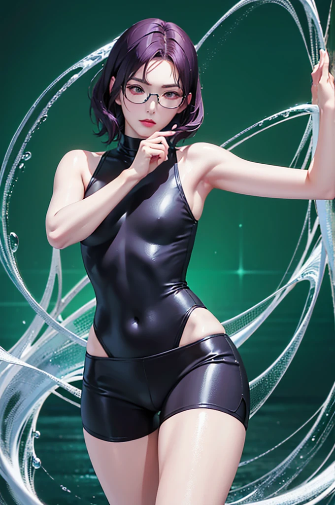 (Finest quality)),(A high resolution),(ultra-detailled art),(Meticulous portrayal),((Best Anime)),(Finest works of art),sharpness,Clear,Ultra-Precision Art,The art of astounding depiction, (Female Ninja in the Dark:1.3),
short Hair,
purple hair, vibrant purple hair, extremely detailed hair, bangs,
pretty eyes,
beautiful eyes, detailed eyes, perfect eyes, green eyes, with glasses, megane,
pretty face,
beautiful lips, soft lips,pretty face, close up face, korean girl, korean beauty, irene, red velvet irene,serious face,
pretty nose,
beautiful nose,
clear skin,
clear skin, white skin, soft skin,
slim body,
small breasts, normal thighs, show navel,
ninja clothes,
ninja outfit, black outfit, black skirt, thigh-level skirt, safety shorts, cycling shorts, ninja shorts, long shorts, ninja armor, female ninja suit,reveal shoulders, show slight cleavage, black top, black thigh-high socks, arm sleeves,
fighting pose,
looking at camera, attack pose, fighting pose,
watery background,
green aura background, evening, sparkling green glow, many green light behind, water splash behind, waterbender, watery background, in water, big water waves, water element, green floating lights,
green aura glowing from the hands,
low angle,
looking down,
